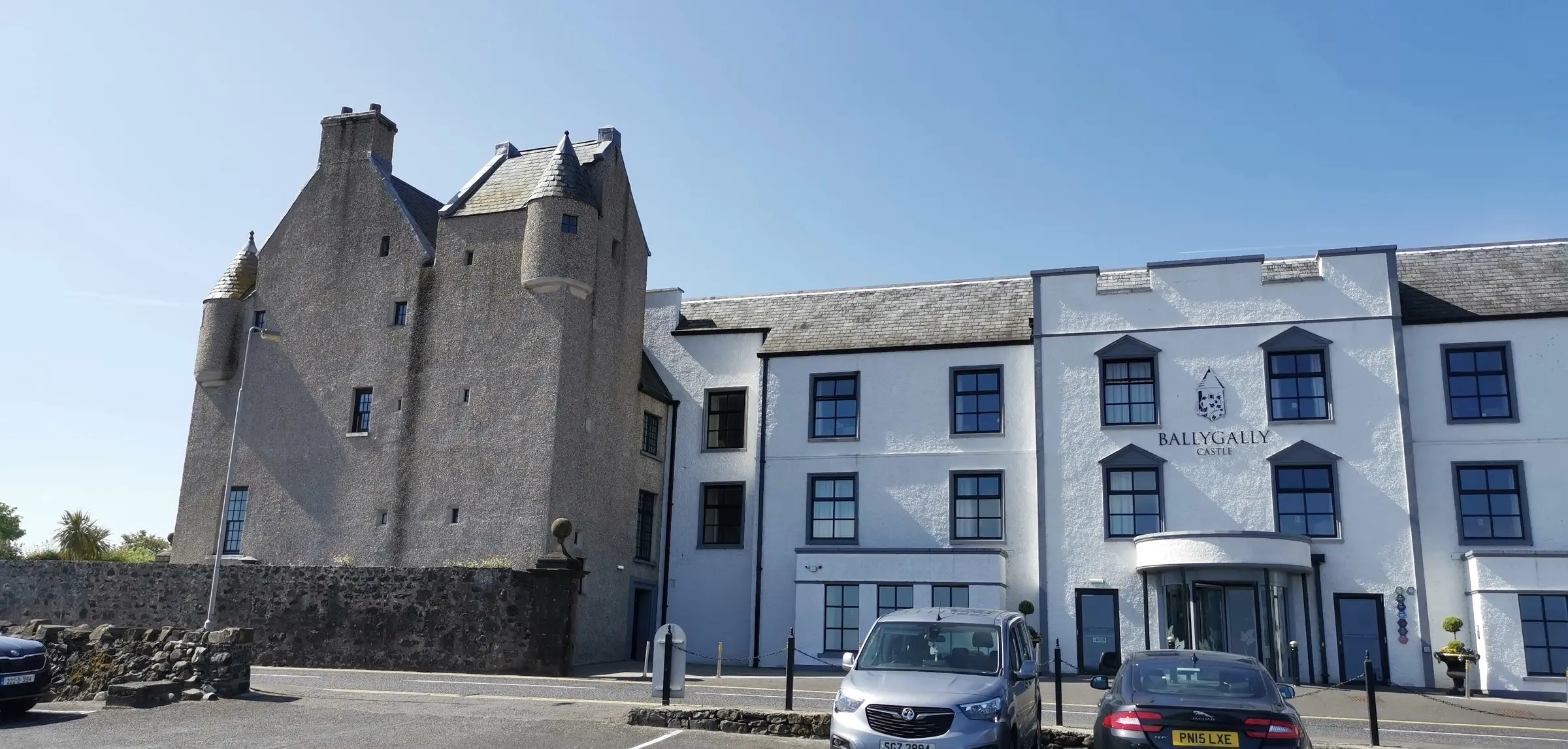 The seventeenth-century tower of Ballygally Castle beside the hotel on the Antrim coast
