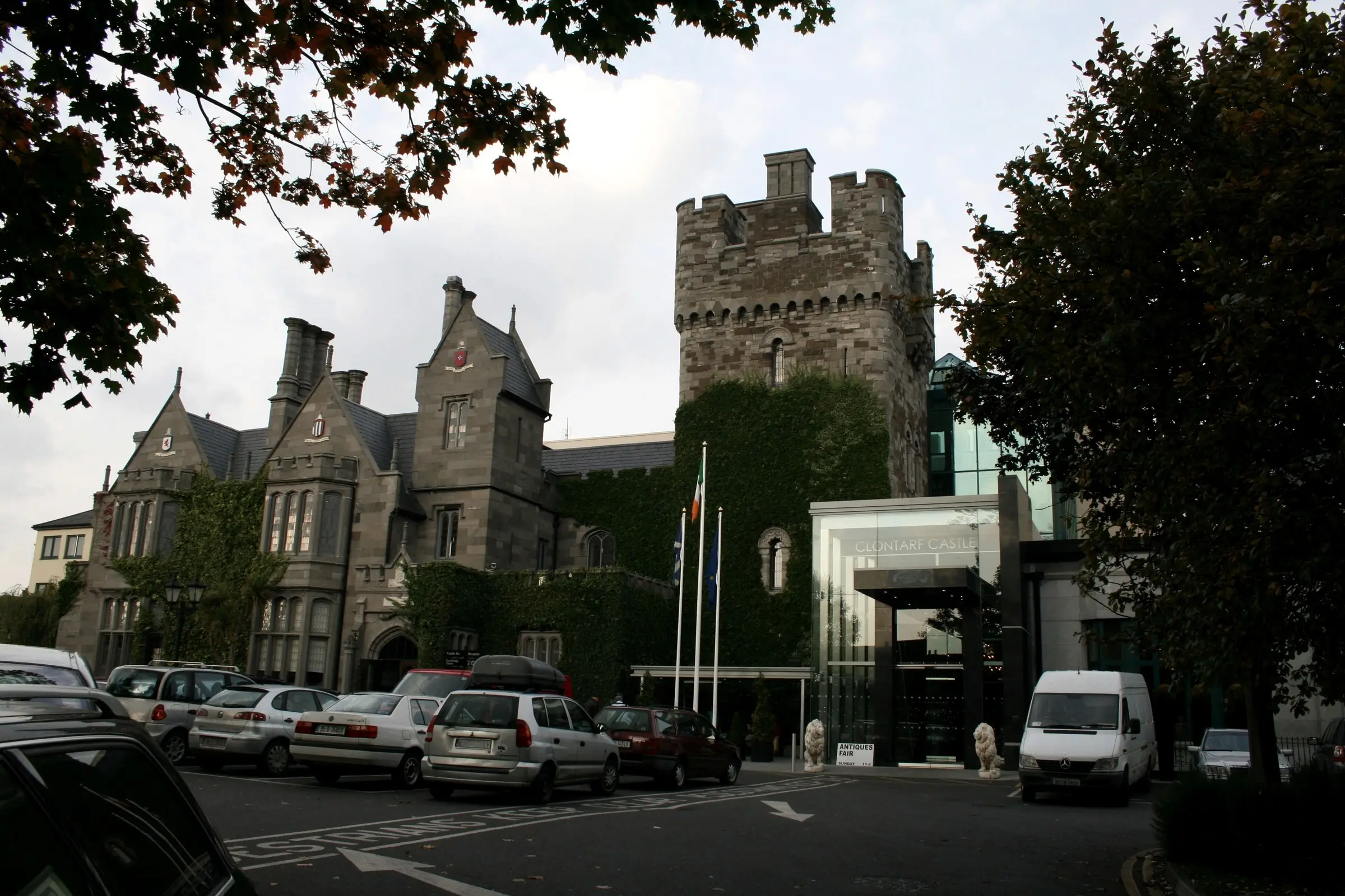 Clontarf Castle Hotel in Dublin, with its square stone tower and gabled front